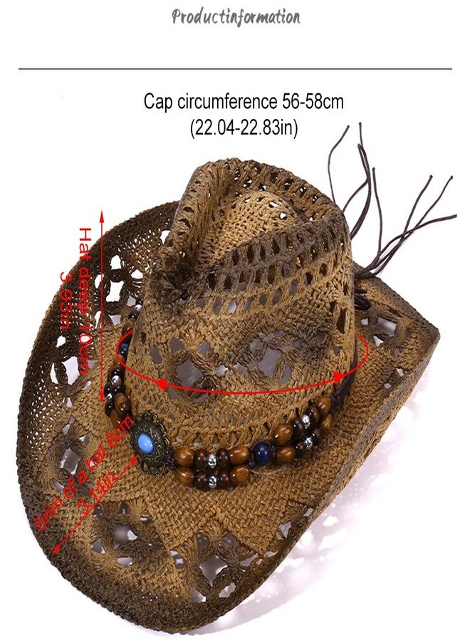 CeFurisy Woven Straw Cowboy Cowgirl Hat, Beach Hat Western Cowboy Hat for Clothing Costume Khaki - Image 2
